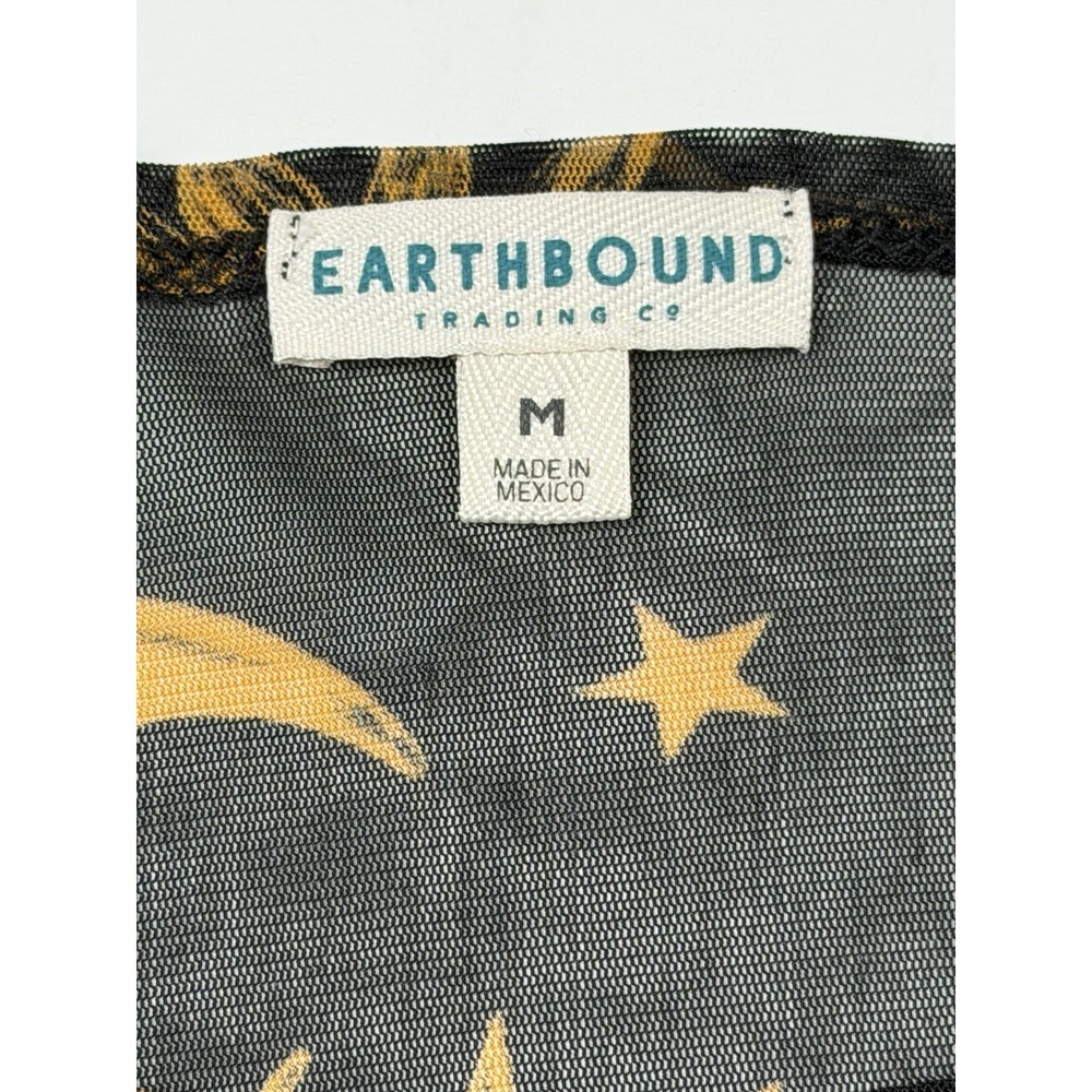 Earthbound Trading Co Mesh Celestial Sun Moon Top Bell Sleeves Black Gold Sz M - Picture 2 of 10
